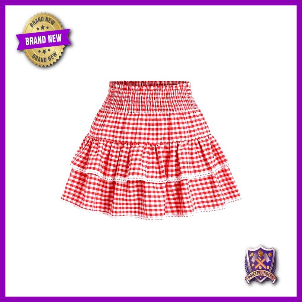 Y2K Gingham Plaid Ruffle High Waist A-Line Mini Skirt with Lace Hem - Picture 1 of 6